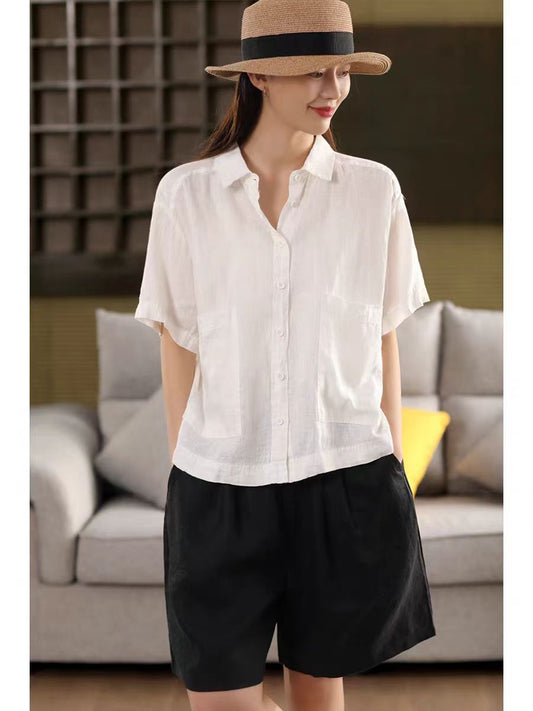 Vintage Linen Blouse with Large Pockets and Single-Breasted Buttons - Short Sleeve Top for Women