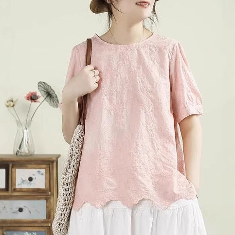 Literary Retro Cotton Short Sleeve Blouse Round Neck Solid Color Embroidery Irregular Hem Shirt