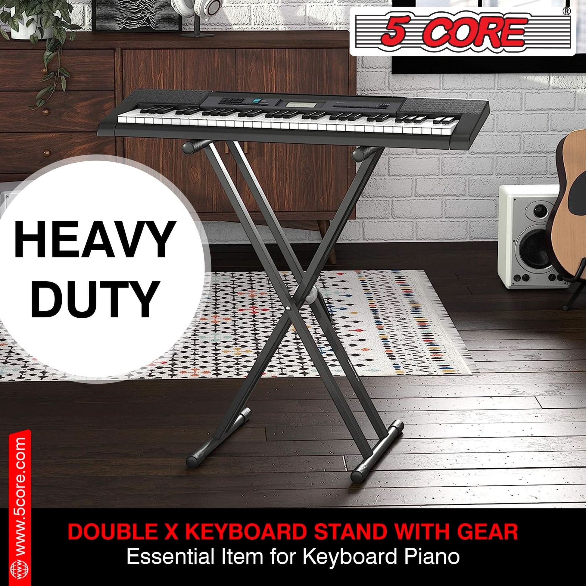 5Core Keyboard Stand Double X Style Adjustable Piano Riser For 49 To 88 Keys + Gear-4