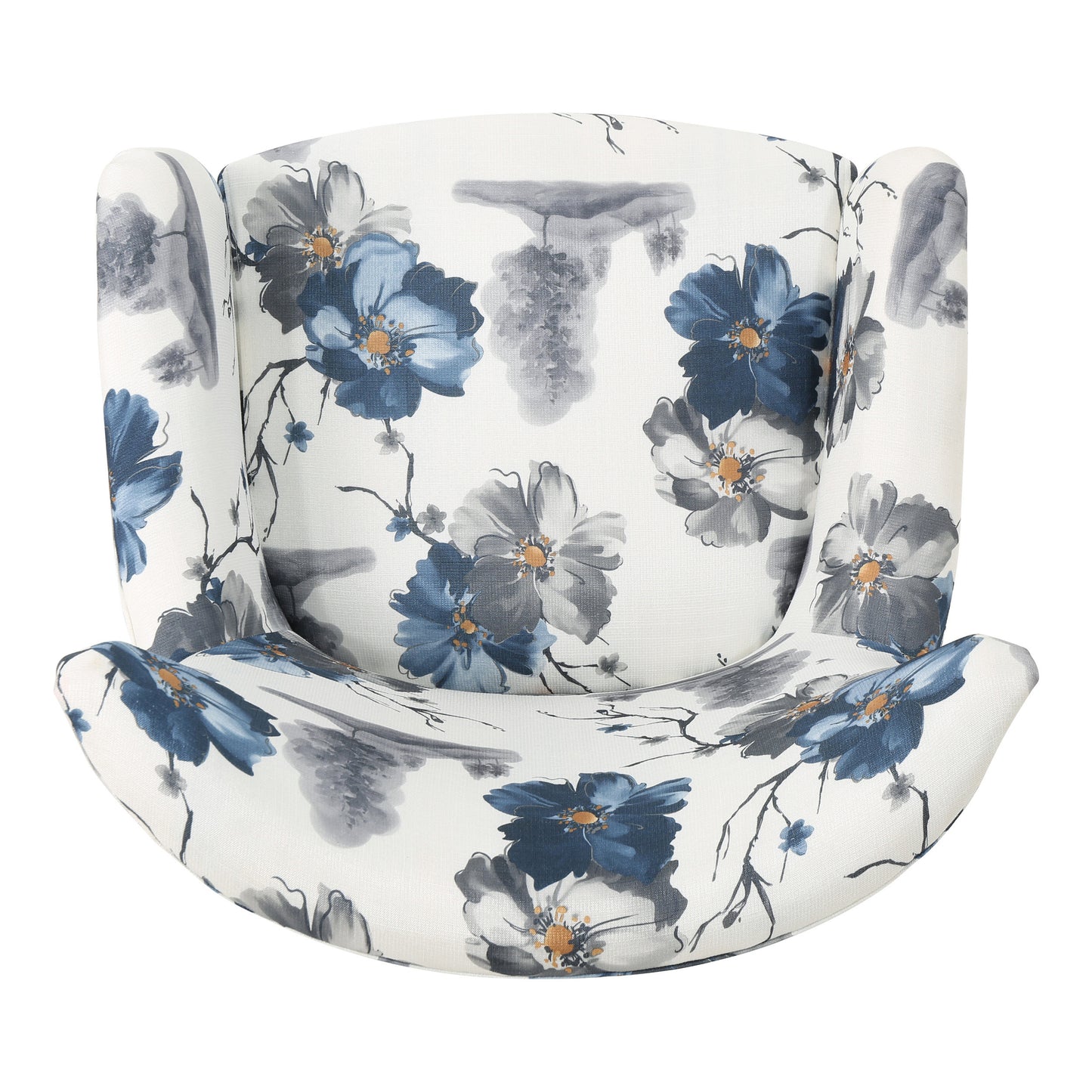 Modern retro printed fabric cushioned club chair, white and blue patterned armchair