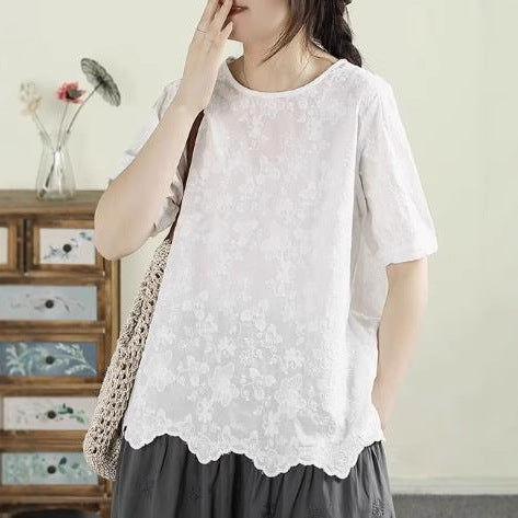 Literary Retro Cotton Short Sleeve Blouse Round Neck Solid Color Embroidery Irregular Hem Shirt