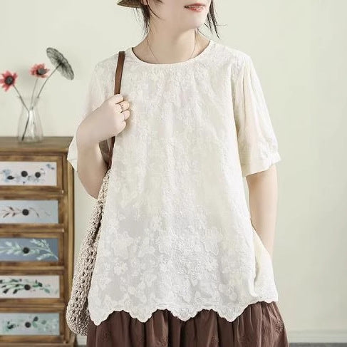 Literary Retro Cotton Short Sleeve Blouse Round Neck Solid Color Embroidery Irregular Hem Shirt