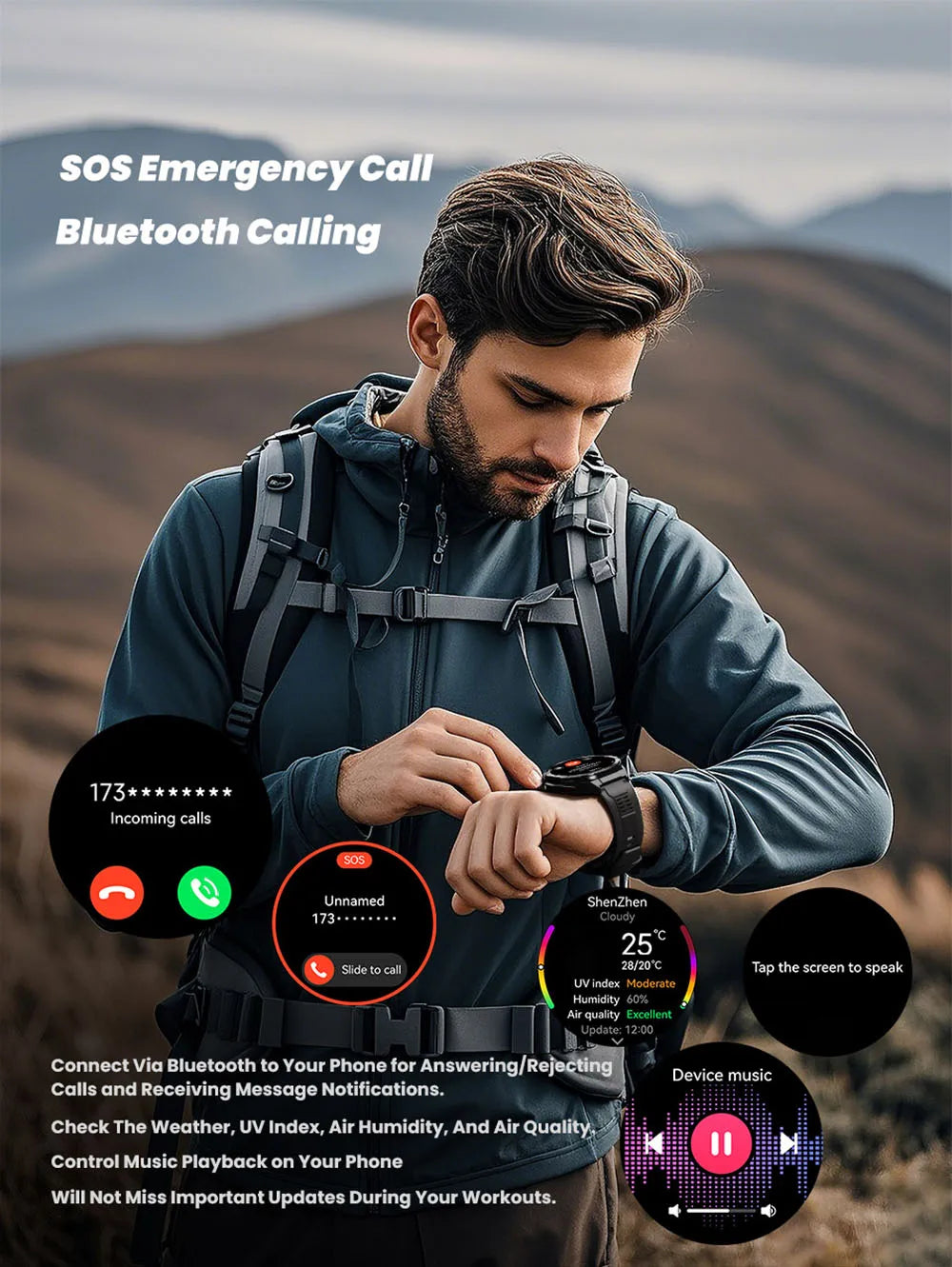New Smart Watch GPS Sports Compass Altitude Air Pressure Blue Tooth Call 3ATM Waterproof Health AMOLED Screen Smartwatch 480Mah