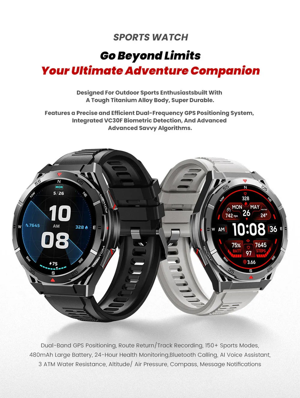 New Smart Watch GPS Sports Compass Altitude Air Pressure Blue Tooth Call 3ATM Waterproof Health AMOLED Screen Smartwatch 480Mah