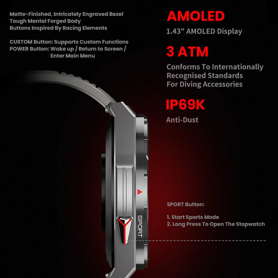 New Smart Watch GPS Sports Compass Altitude Air Pressure Blue Tooth Call 3ATM Waterproof Health AMOLED Screen Smartwatch 480Mah