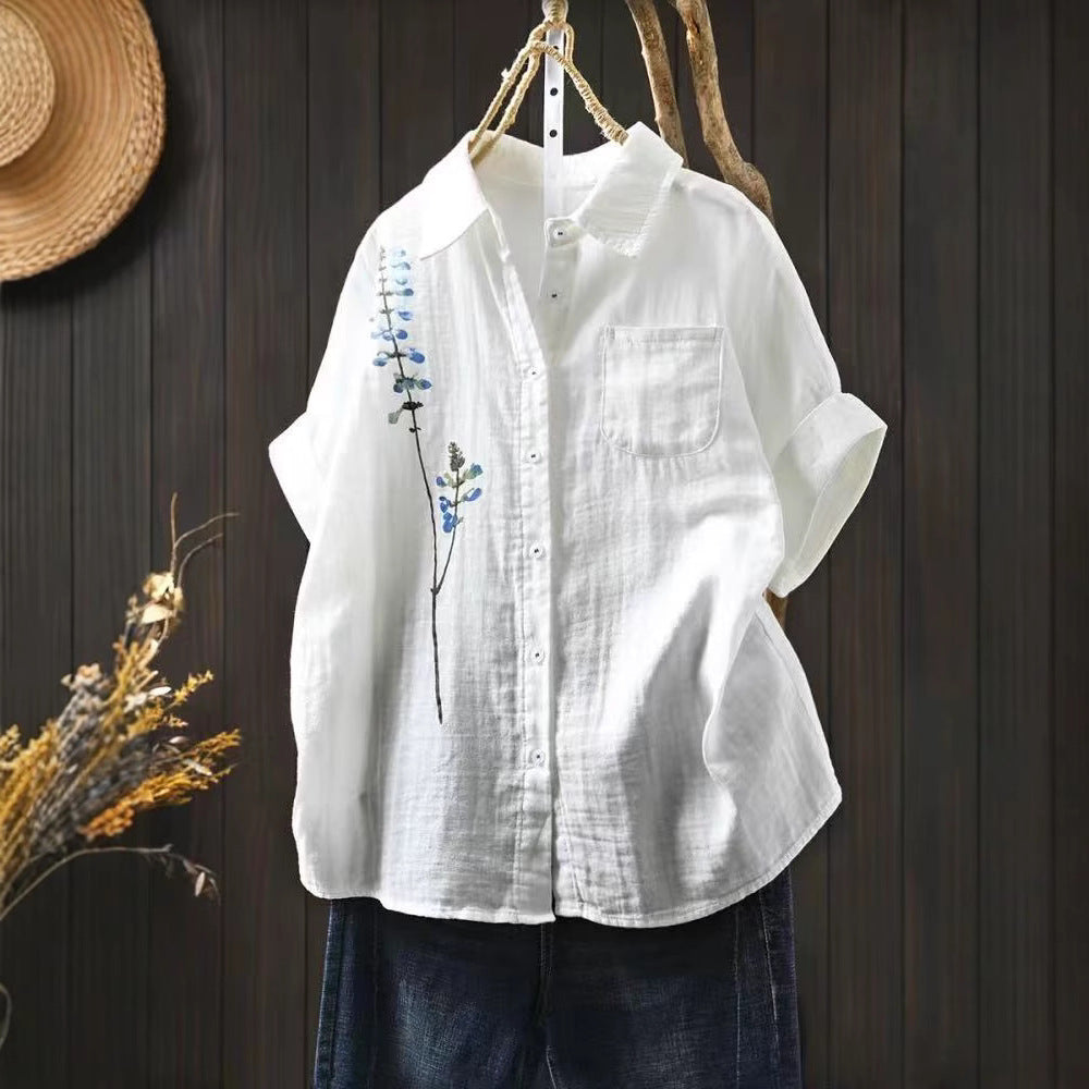 White Double Layer Cotton Gauze Printed Short Sleeve Shirt for Women, Loose and Comfortable Casual Style Pure Cotton Blouse