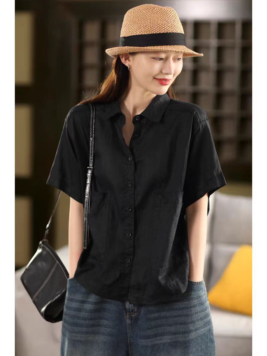 Vintage Linen Blouse with Large Pockets and Single-Breasted Buttons - Short Sleeve Top for Women