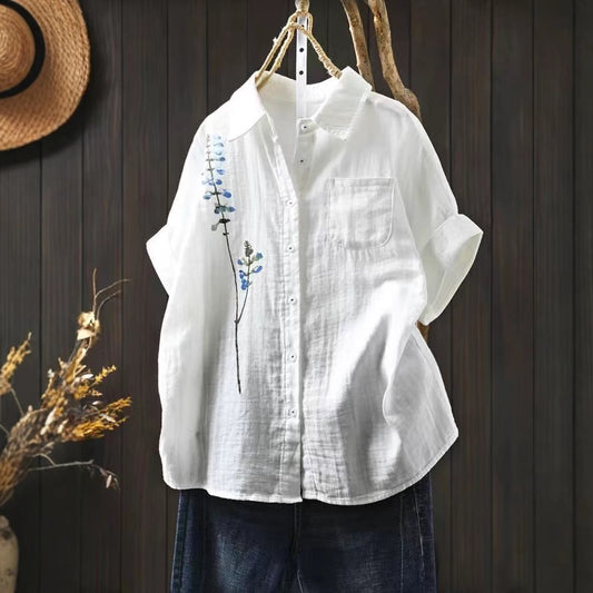 White Double Layer Cotton Gauze Printed Short Sleeve Shirt for Women, Loose and Comfortable Casual Style Pure Cotton Blouse