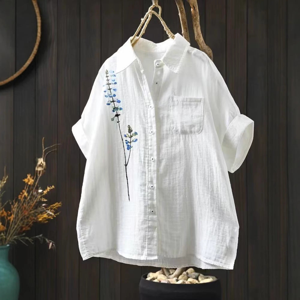 White Double Layer Cotton Gauze Printed Short Sleeve Shirt for Women, Loose and Comfortable Casual Style Pure Cotton Blouse