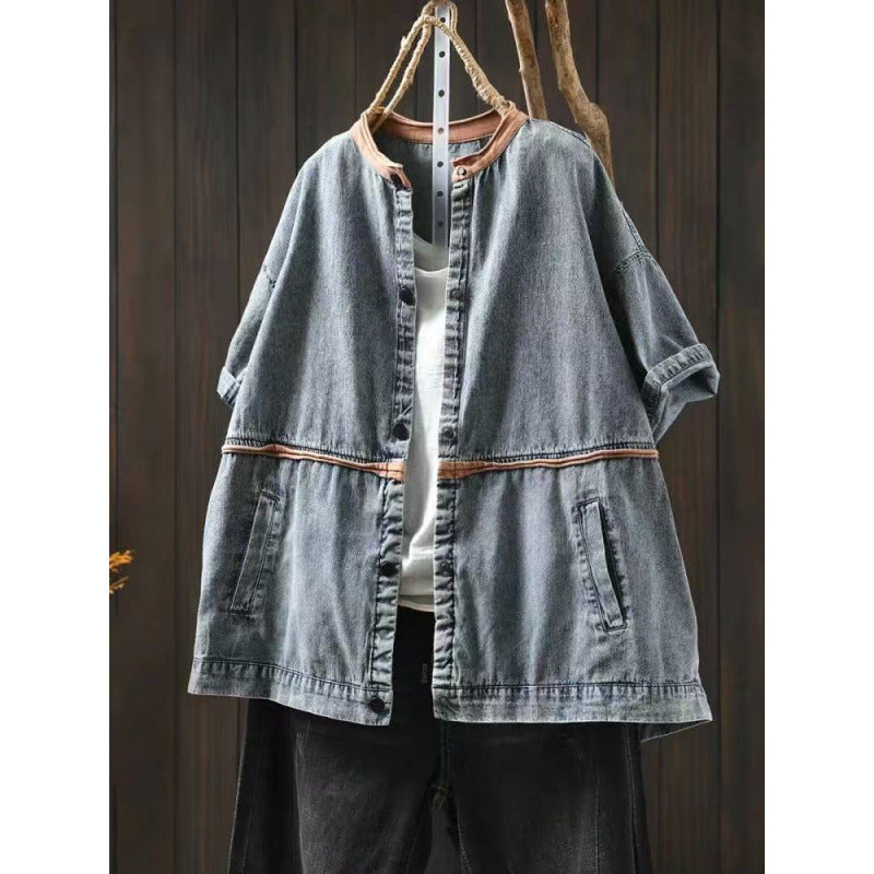 Summer Vintage Denim Short Sleeve Lightweight Jacket Women Loose Casual Versatile Splicing Short Top