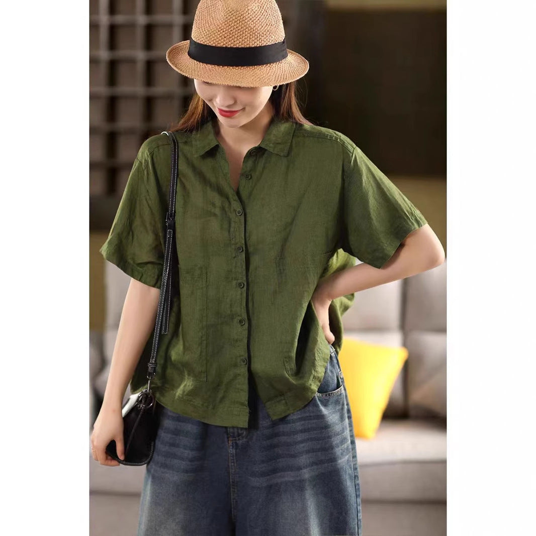Vintage Linen Blouse with Large Pockets and Single-Breasted Buttons - Short Sleeve Top for Women
