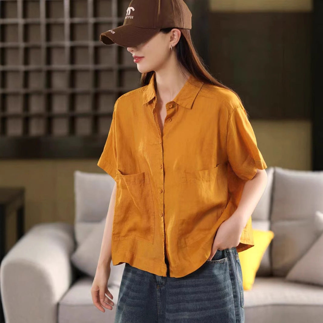 Vintage Linen Blouse with Large Pockets and Single-Breasted Buttons - Short Sleeve Top for Women