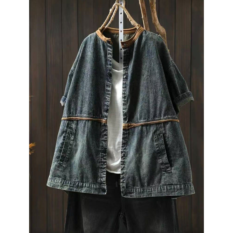 Summer Vintage Denim Short Sleeve Lightweight Jacket Women Loose Casual Versatile Splicing Short Top