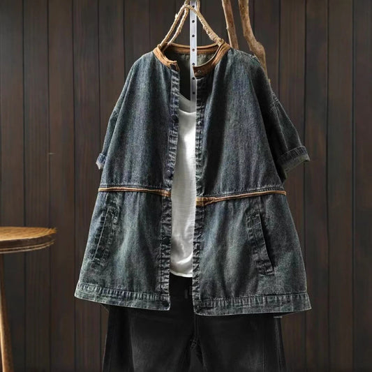 Summer Vintage Denim Short Sleeve Lightweight Jacket Women Loose Casual Versatile Splicing Short Top