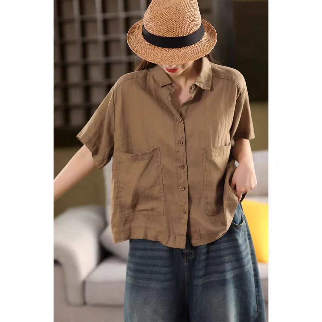 Vintage Linen Blouse with Large Pockets and Single-Breasted Buttons - Short Sleeve Top for Women