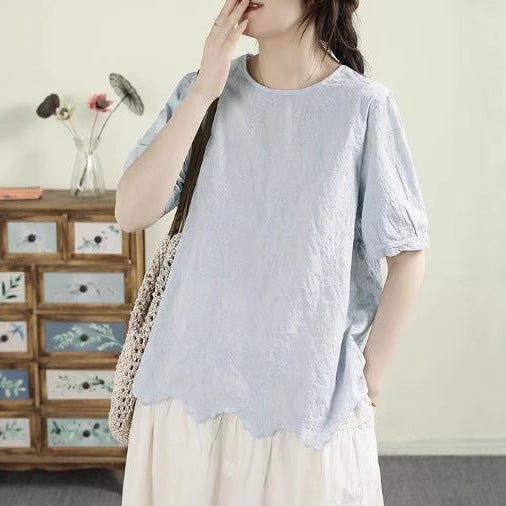 Literary Retro Cotton Short Sleeve Blouse Round Neck Solid Color Embroidery Irregular Hem Shirt
