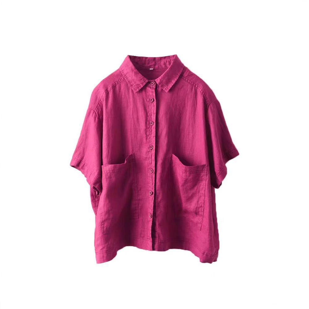 Vintage Linen Blouse with Large Pockets and Single-Breasted Buttons - Short Sleeve Top for Women