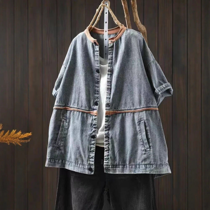 Summer Vintage Denim Short Sleeve Lightweight Jacket Women Loose Casual Versatile Splicing Short Top