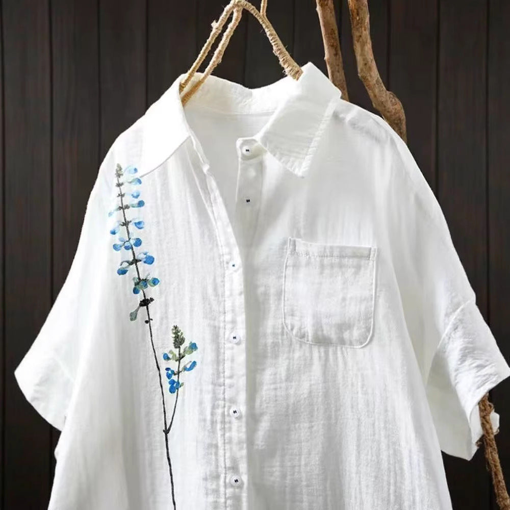 White Double Layer Cotton Gauze Printed Short Sleeve Shirt for Women, Loose and Comfortable Casual Style Pure Cotton Blouse