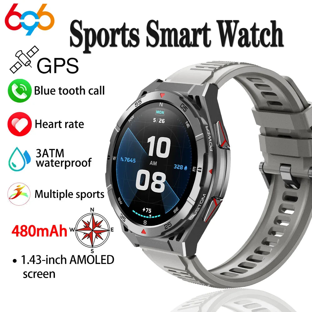 New Smart Watch GPS Sports Compass Altitude Air Pressure Blue Tooth Call 3ATM Waterproof Health AMOLED Screen Smartwatch 480Mah