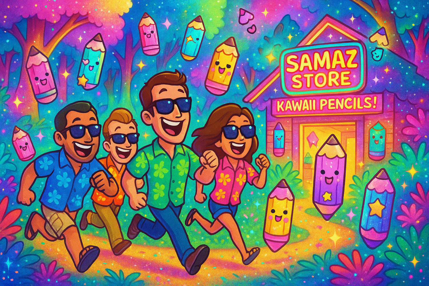 chang the sence into a forest and everyone is running towards samaz store to get there hands on to kawaii pencils 